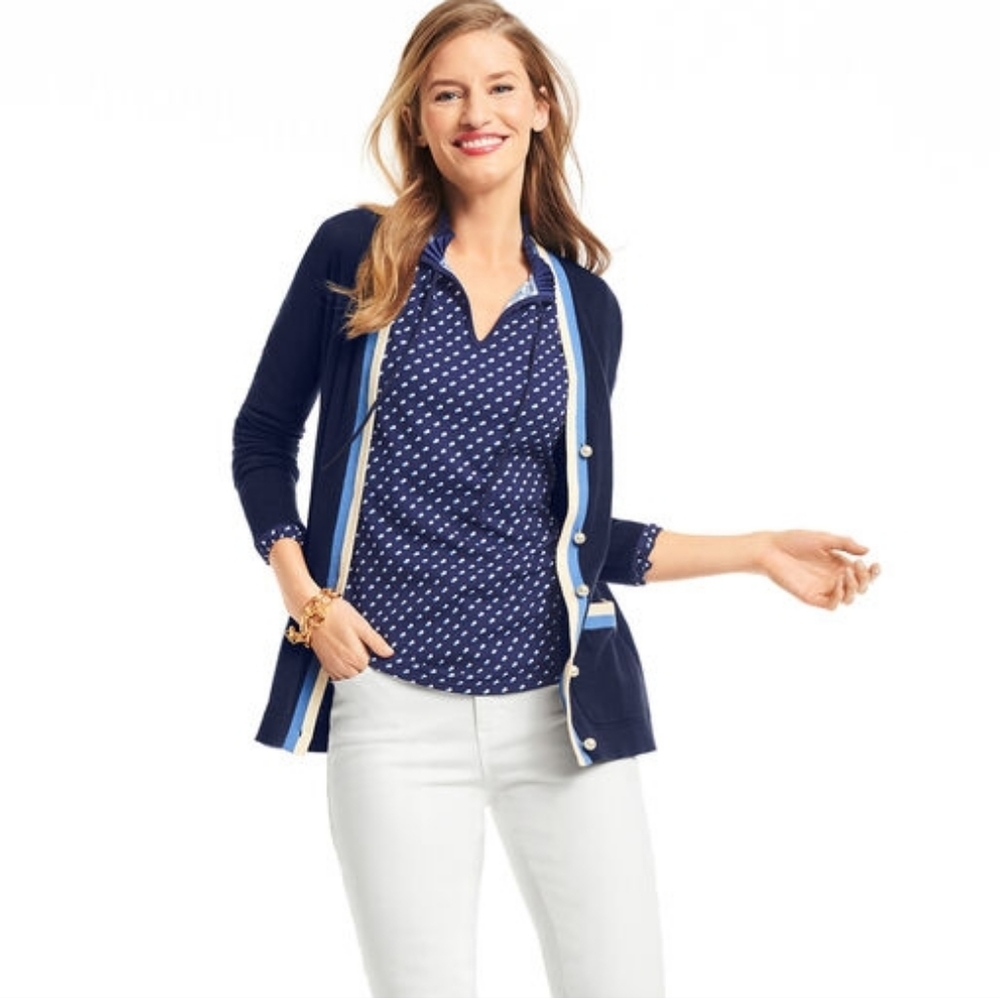 TALBOTS Super Soft Contrast Trim Navy Blue Cardigan | SZ M - Picture 11 of 12
